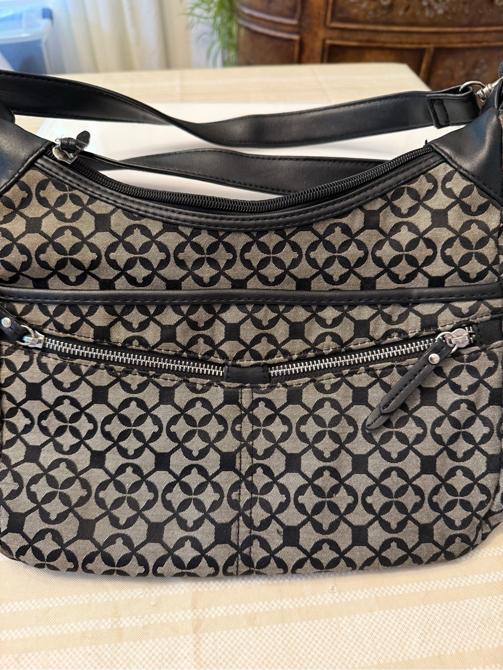 Patterned Black and Gray Shoulder Bag with Front Zip Pocket
